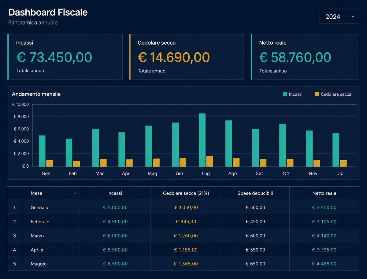 Dashboard del tracker fiscale con card KPI e grafico mensile